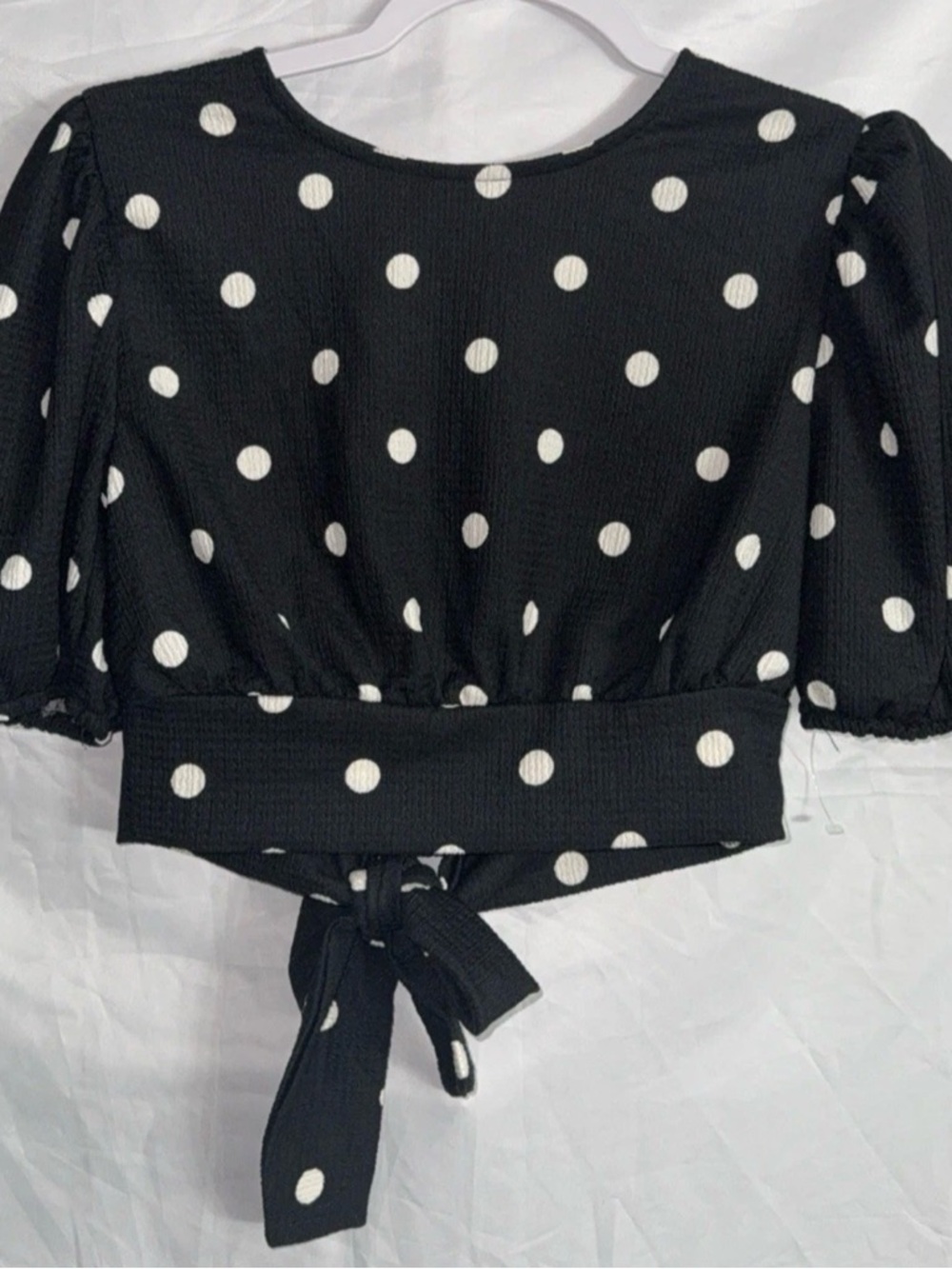 Divided Black and White Polka Dot Tie-Back Puff Sleeve Top